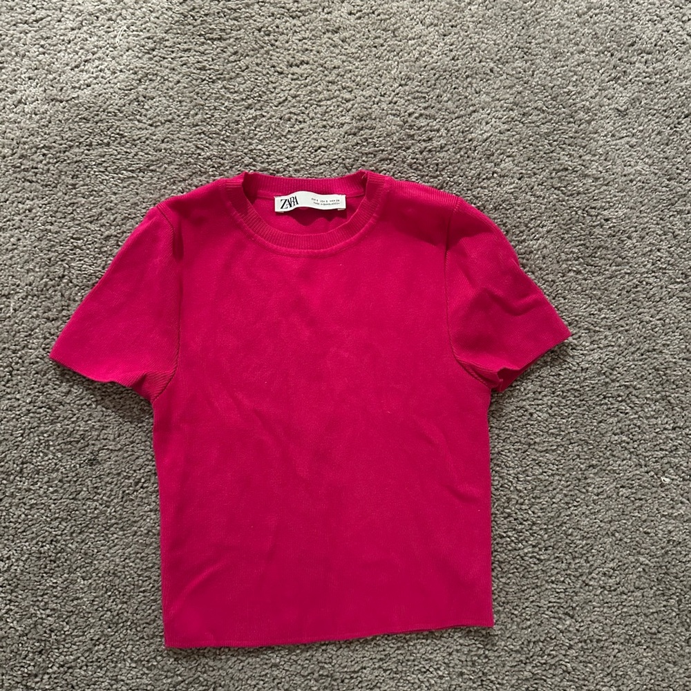 Zara Fuchsia Crop Top with Crew Neck and Short Sleeves
